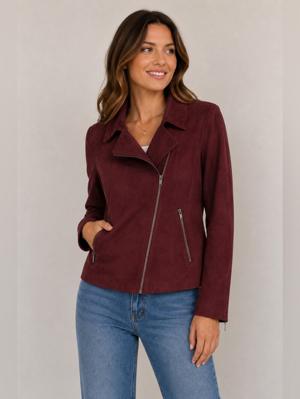Liz Claiborne Faux Suede Moto Jacket Burgundy Passion | XXL - Picture 1 of 3
